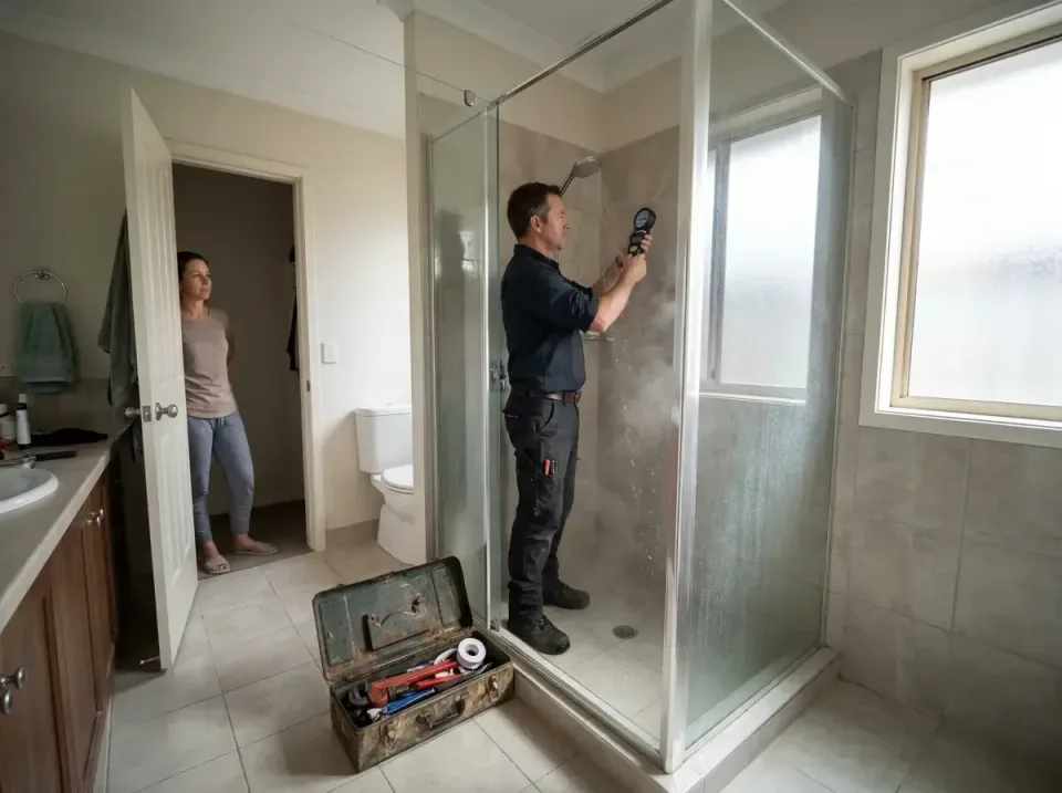 Plumbing Technician — Bathroom Plumbing Technician — Bathroom — Plumbing Technician, Glass Shower Enclosure, Shower Head, Bathroom, Plumbing